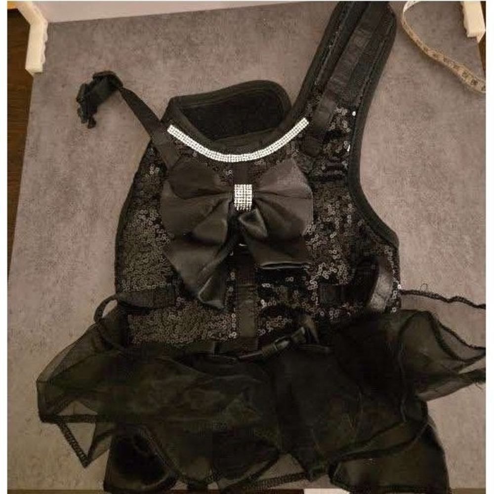 Black Sequin Dog Harness Dress Rhinestone Bow Tutu Pet Vest Medium